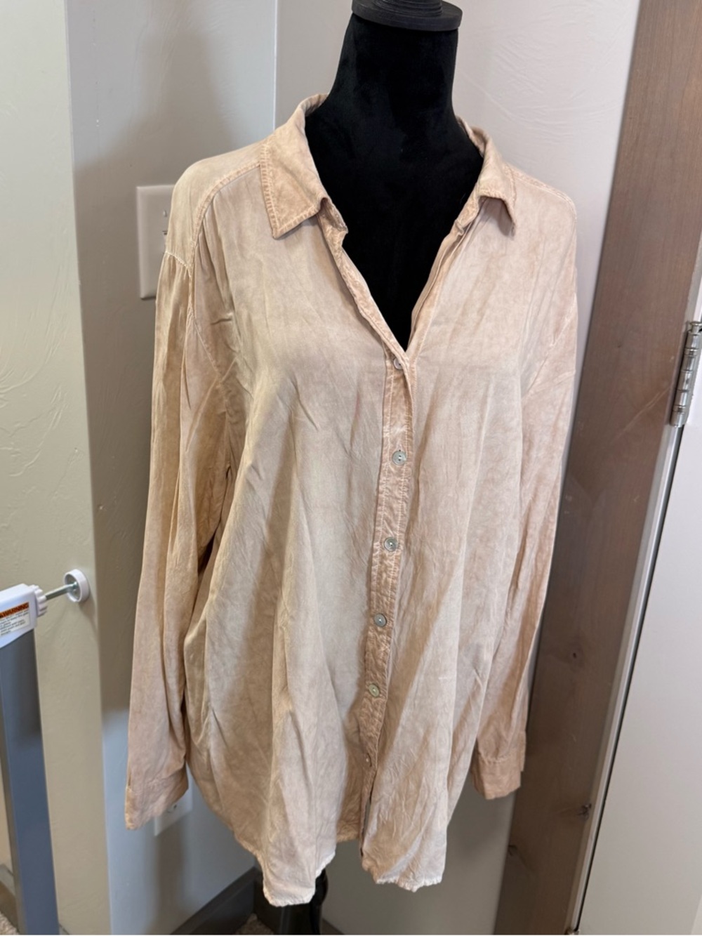 Jane & Delancey Button Down Lightweight Distress Tan Long Sleeve Blouse Oversize